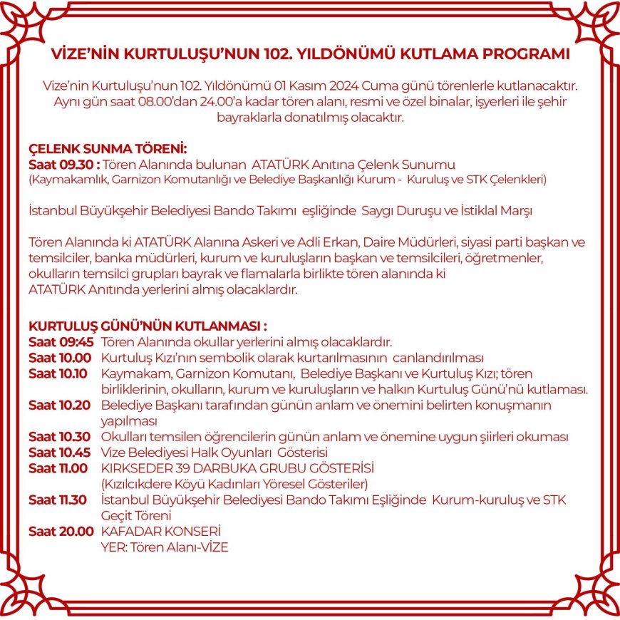 1 Kasım İlçemizin Kurtuluş Bayramı Programı