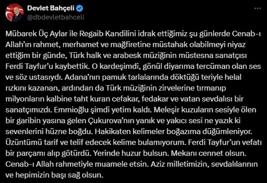 Devlet Bahçeli'den Ferdi Tayfur İçin Duygusal Taziye Mesajı: "Bir Parçamı Alıp Götürdü"