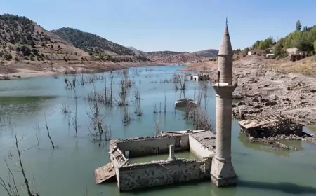 Sivas'ta donan Pusat-Özen Baraj Gölü'nde eski köy kalıntıları ortaya çıktı