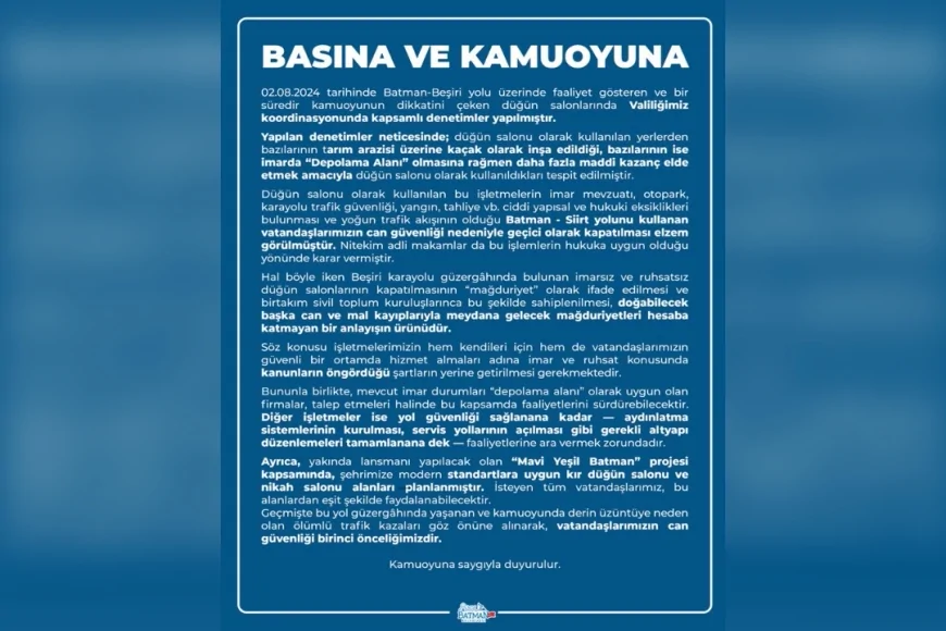 Batman-Beşiri yolundaki kaçak düğün salonlarına kapsamlı denetim: Tarım arazisine inşa edilmişler