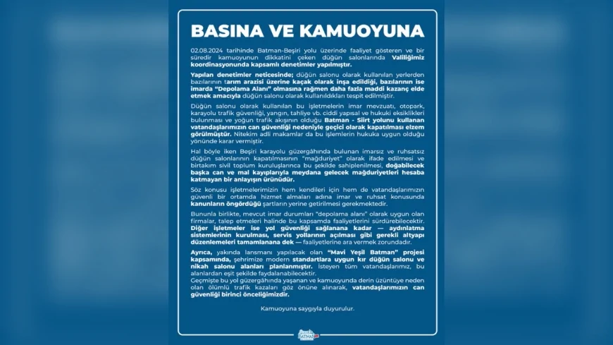 Batman-Beşiri yolundaki kaçak düğün salonlarına kapsamlı denetim: Tarım arazisine inşa edilmişler