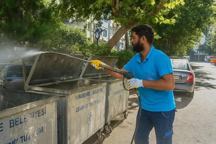 Yunusemre Belediyesi yaz sıcaklarında kötü kokuya karşı konteynerleri düzenli dezenfekte ediyor!