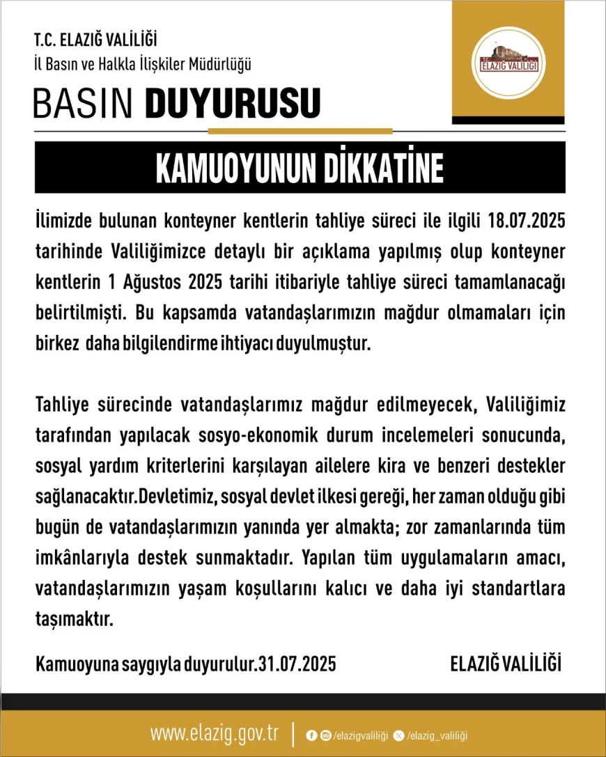 Elazığ Valiliği konteyner kentlerin tahliye sürecinin yarın sona ereceğini hatırlattı