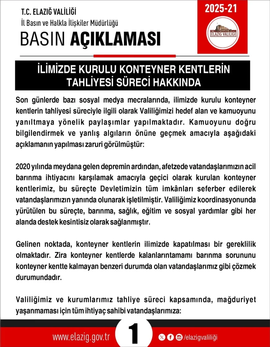Elazığ’daki konteyner kentlerin tahliye süreciyle ilgili Valilikten kamuoyuna bilgilendirme
