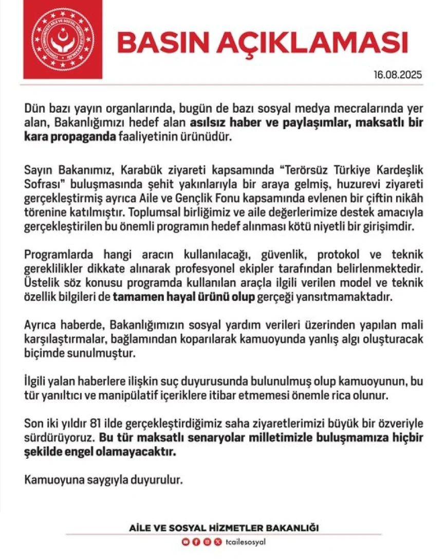 Aile ve Sosyal Hizmetler Bakanlığı’ndan asılsız haber ve sosyal medya paylaşımlarına ilişkin açıklama