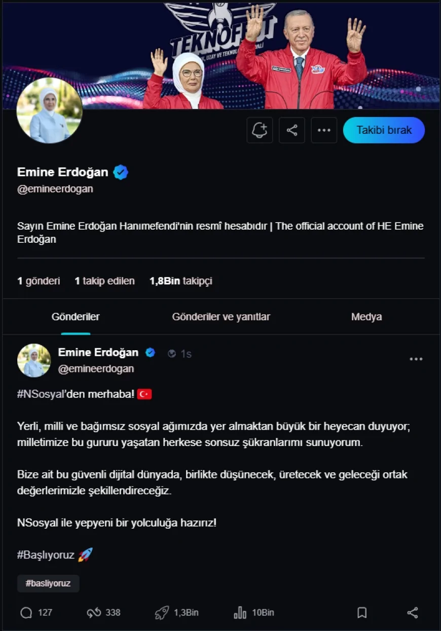 Emine Erdoğan NSosyal’den ilk paylaşımını yaptı: “Yerli, milli ve bağımsız sosyal ağımızda yer almaktan heyecan duyuyorum”