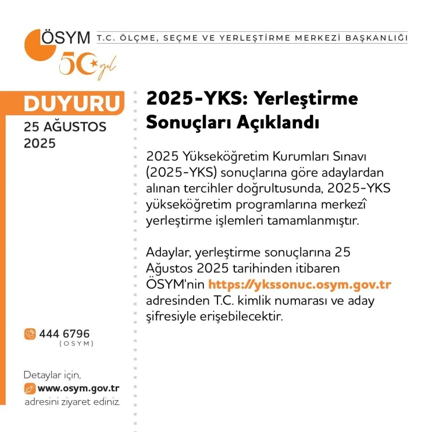 2025-YKS yerleştirme sonuçları açıklandı, kayıt işlemleri için tarihler duyuruldu