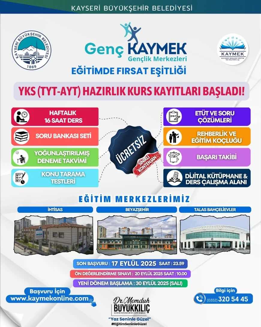 Kayseri’de ücretsiz YKS hazırlık kursları için kayıtlar başladı, başvurular 17 Eylül’e kadar sürecek