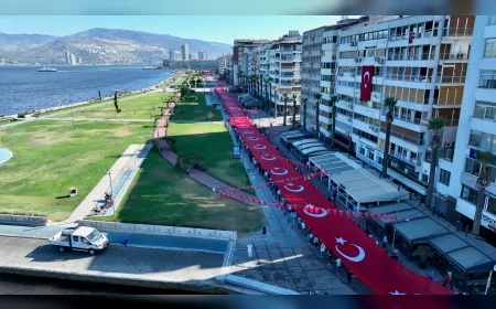 İzmir’in kurtuluşunun 103. yılı Zafer Yürüyüşü ile başladı, 350 metrelik Türk bayrağı taşındı