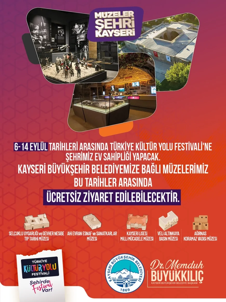 Kayseri Büyükşehir Belediyesi, Türkiye Kültür Yolu Festivali için ücretsiz müze ziyareti ve ek ulaşım seferleri başlattı