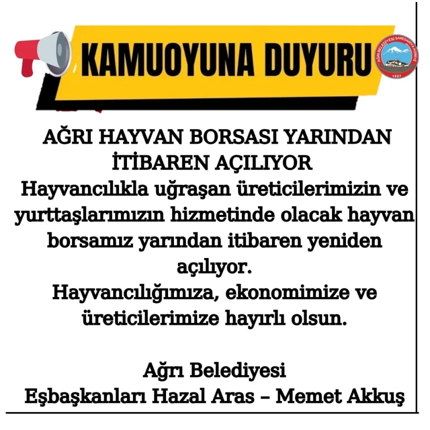Ağrı Hayvan Borsası yarından itibaren açılıyor: Üreticilere güvenli ticaret imkânı