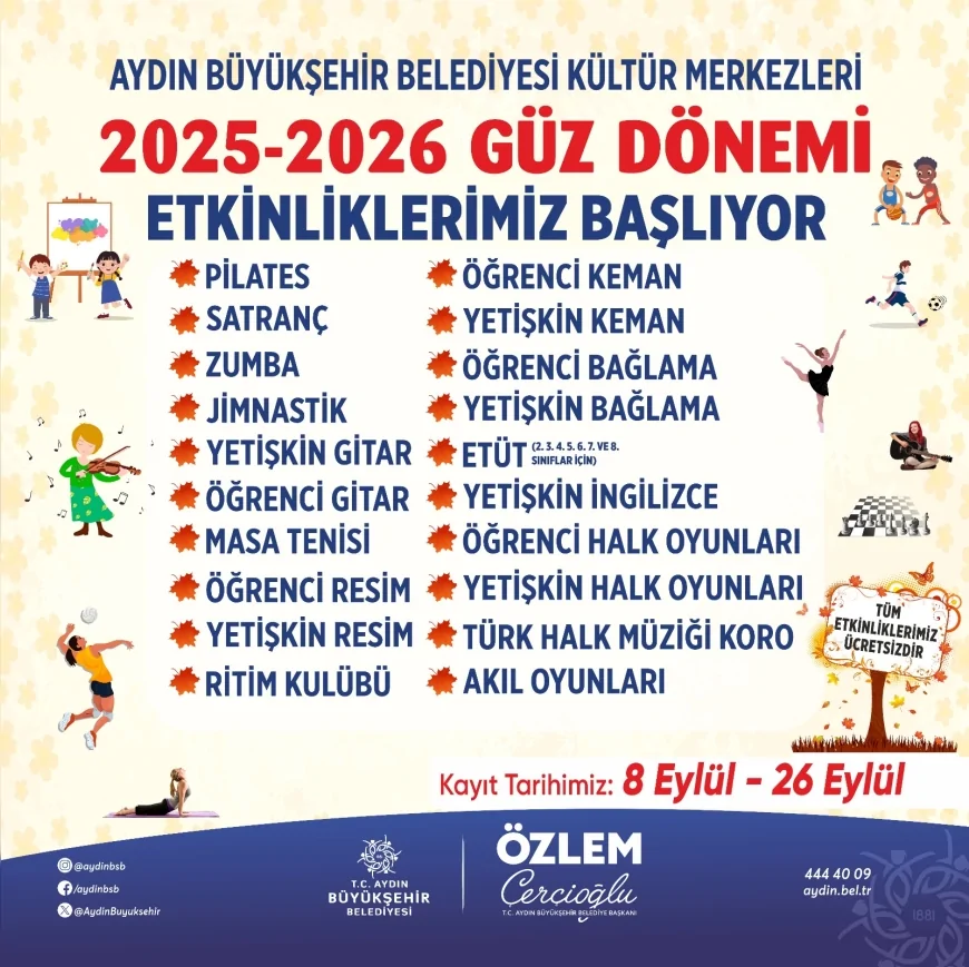 Aydın’da ücretsiz güz dönemi etkinlikleri başlıyor: Kültür, sanat ve spor kurslarına kayıtlar açıldı