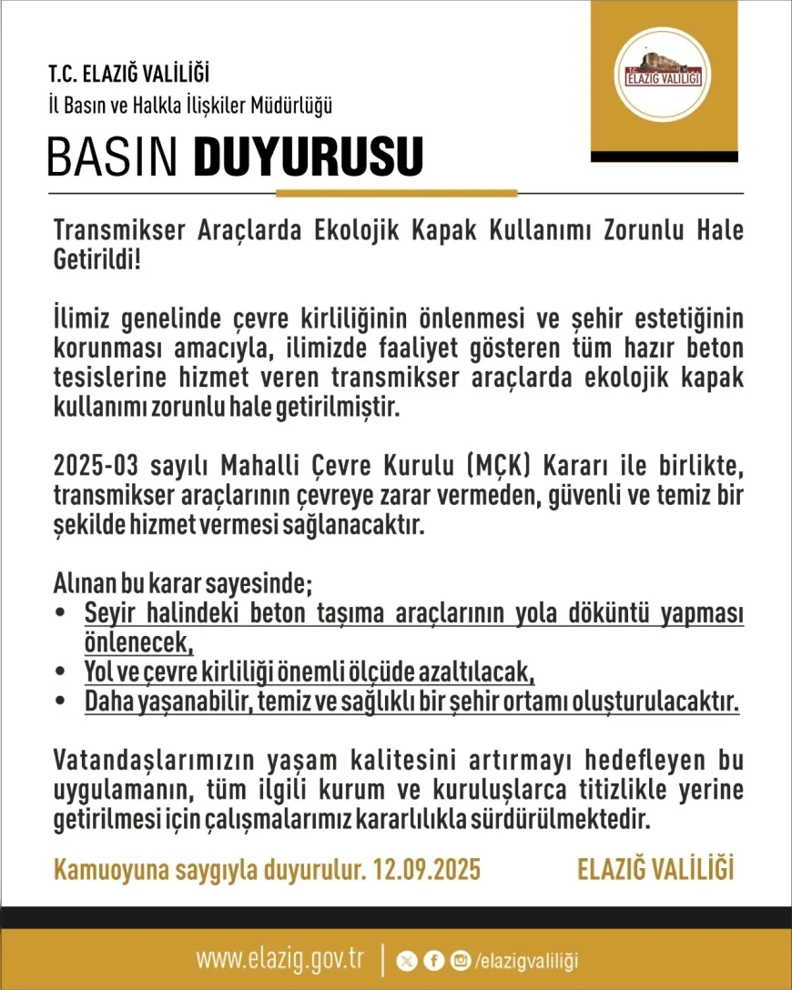 Elazığ’da transmikser araçlarda ekolojik kapak zorunluluğu getirildi, çevre kirliliği önlenecek