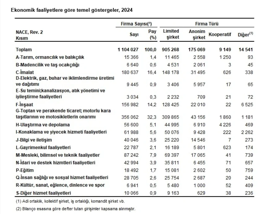 TÜİK: Türkiye’de en fazla firma toptan ve perakende ticaret ile motorlu taşıt onarımı sektöründe faaliyet gösteriyor