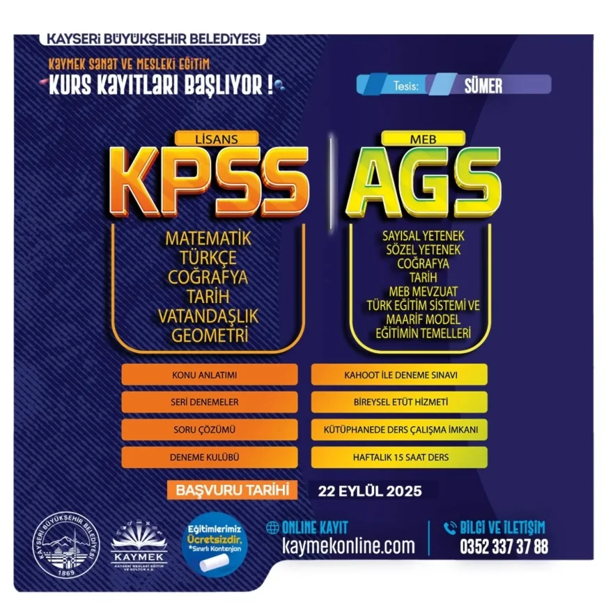 Kayseri’de KAYMEK’ten memur ve öğretmen adaylarına ücretsiz KPSS ve AGS kursu fırsatı