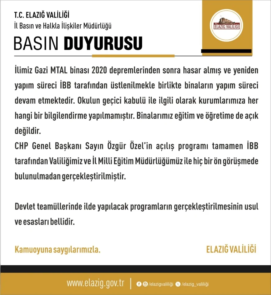 Elazığ Valiliği’nden Özgür Özel’in açılışına dair açıklama: “Okul binaları eğitim-öğretime açık değil”