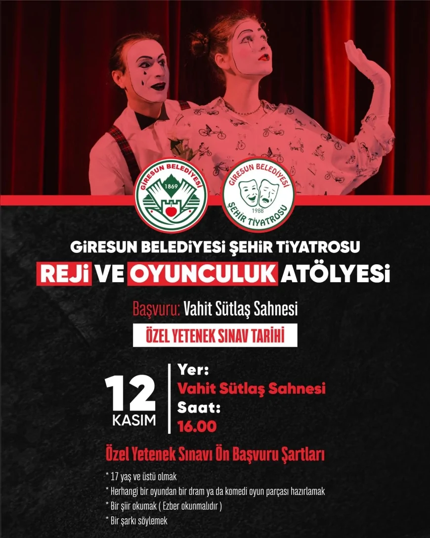 Giresun Belediyesi Şehir Tiyatrosu reji ve oyunculuk atölyesi için başvurular başladı