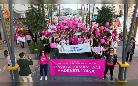 Menemenli kadınlardan meme kanserine karşı pembe farkındalık yürüyüşü