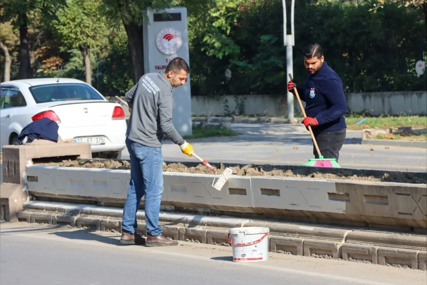Yalova Belediyesi Cengiz Koçal Caddesi’nde Orta Refüj Boyama ve Peyzaj Çalışmalarına Başladı