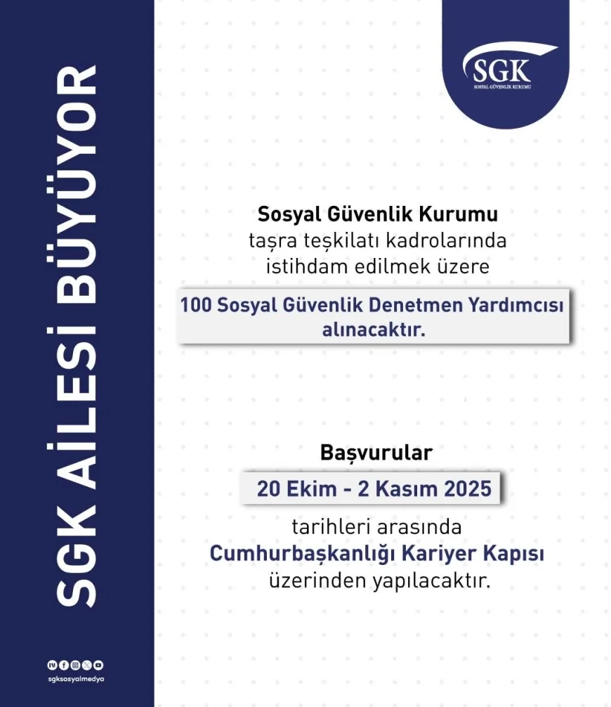 SGK, taşra teşkilatına 100 Sosyal Güvenlik Denetmen Yardımcısı alacak