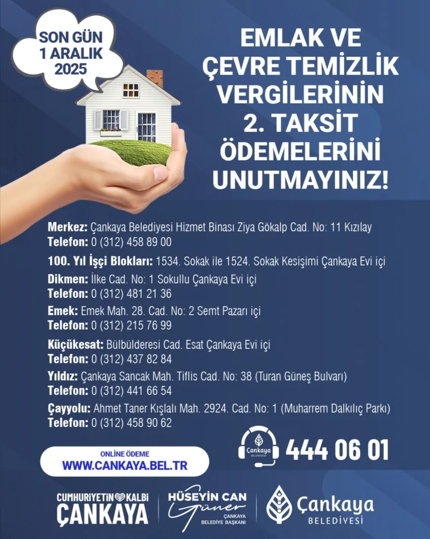 Çankaya Belediyesi’nden Vergi Uyarısı: Emlak ve Çevre Temizlik Vergisi İkinci Taksit Ödemelerinde Son Gün 1 Aralık
