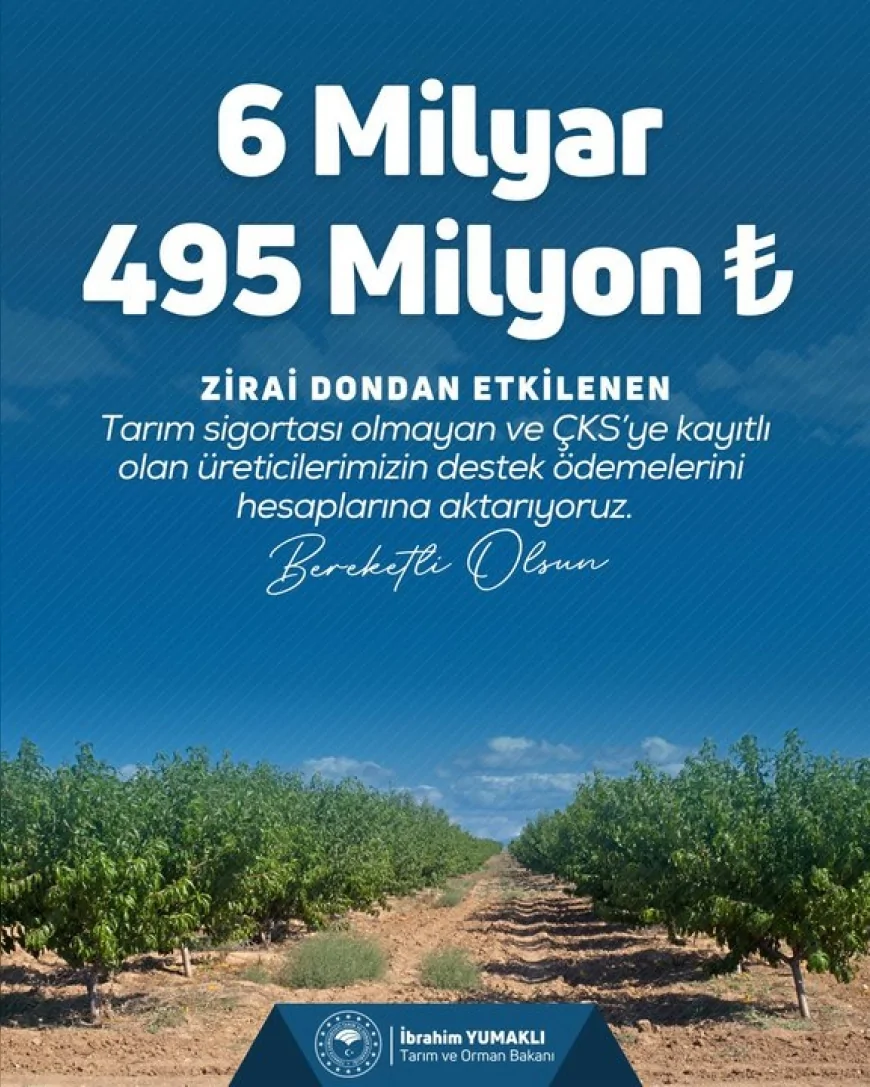 Tarım ve Orman Bakanı İbrahim Yumaklı: “Zirai dondan etkilenen üreticilerimize 6 milyar 495 milyon TL daha aktarıyoruz”