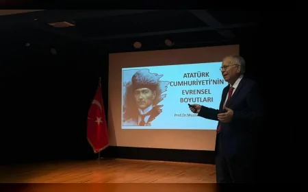 Ege Üniversitesinde düzenlenen konferansta Prof. Dr. Mustafa Kaymakçı “Atatürk Cumhuriyeti’nin evrensel niteliği mazlum milletler için örnek oldu” vurgusu yaptı