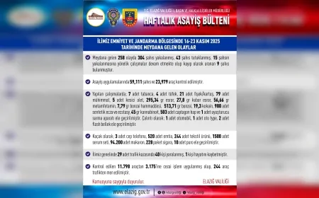 Elazığ Valiliği Haftalık Asayiş Raporu: 258 olayda 304 şahıs yakalandı, 43 kişi tutuklandı