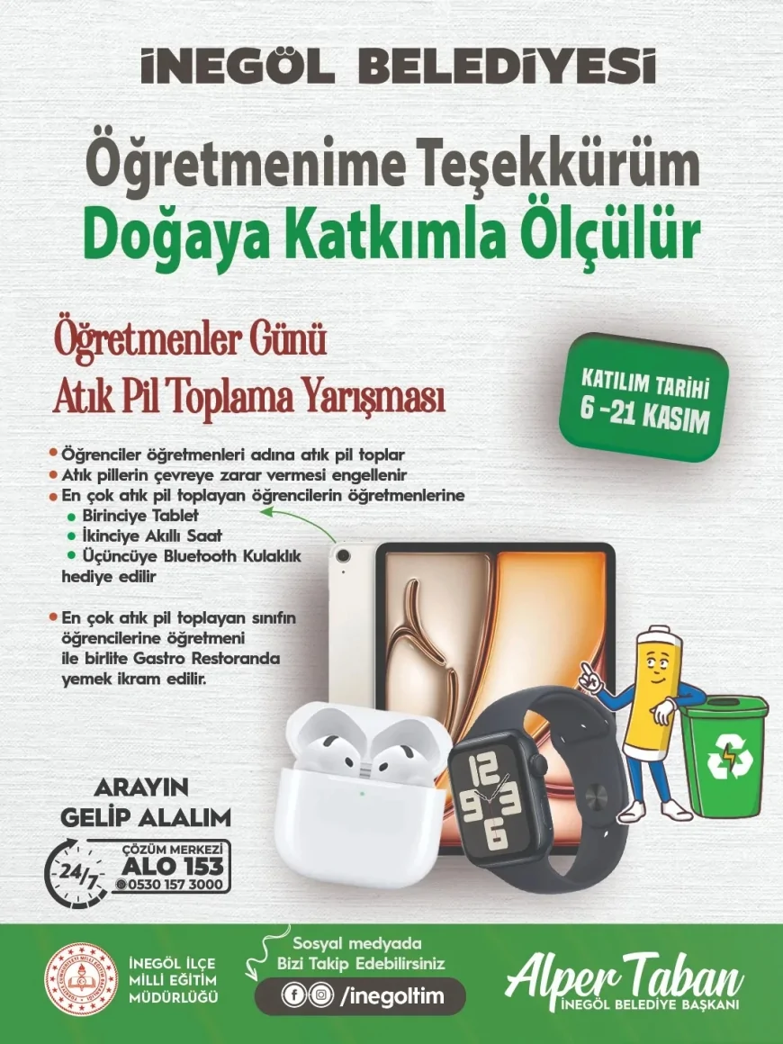İnegöl Belediyesi 24 Kasım Öğretmenler Günü’nde: “Öğretmenime Teşekkürüm, Doğaya Katkımla Ölçülür” Kampanyası Başladı