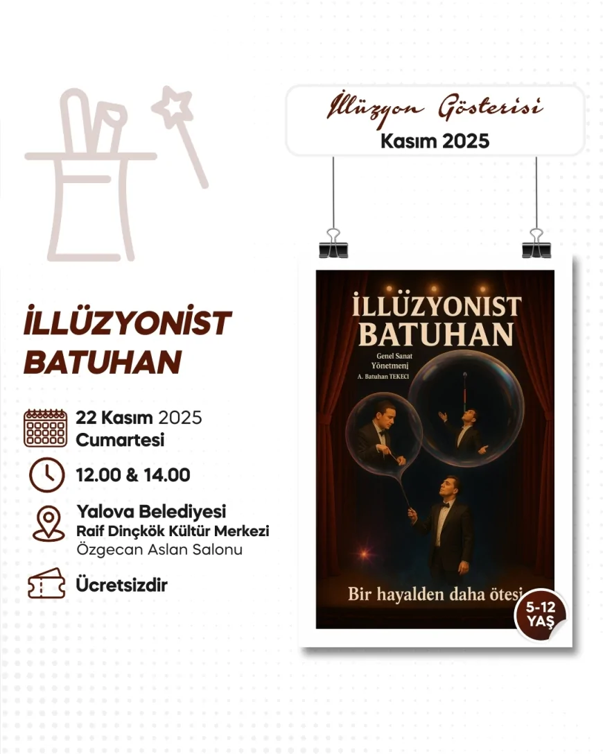 Yalova Belediyesi Raif Dinçkök Kültür Merkezi’nde Çocuklara Ücretsiz İllüzyon Gösterisiyle Keyifli Hafta Sonu Sunacak