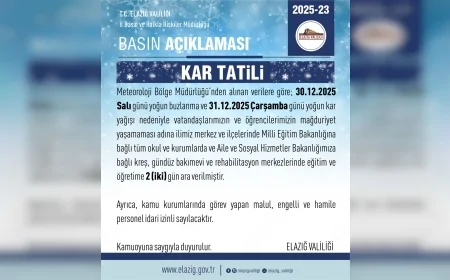 Elazığ Valiliği’nden Kar ve Buzlanma Kararı: Okullarda Eğitime İki Gün Ara Verildi