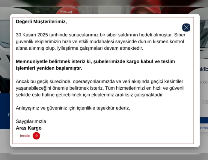Aras Kargo’nun 30 Kasım Siber Saldırı Sonrası Sistemlerinde İyileştirme Sürerken Kargo Takip Ekranları Yeniden Açıldı