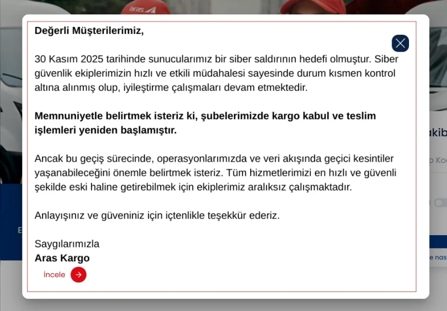 Aras Kargo’nun 30 Kasım Siber Saldırı Sonrası Sistemlerinde İyileştirme Sürerken Kargo Takip Ekranları Yeniden Açıldı