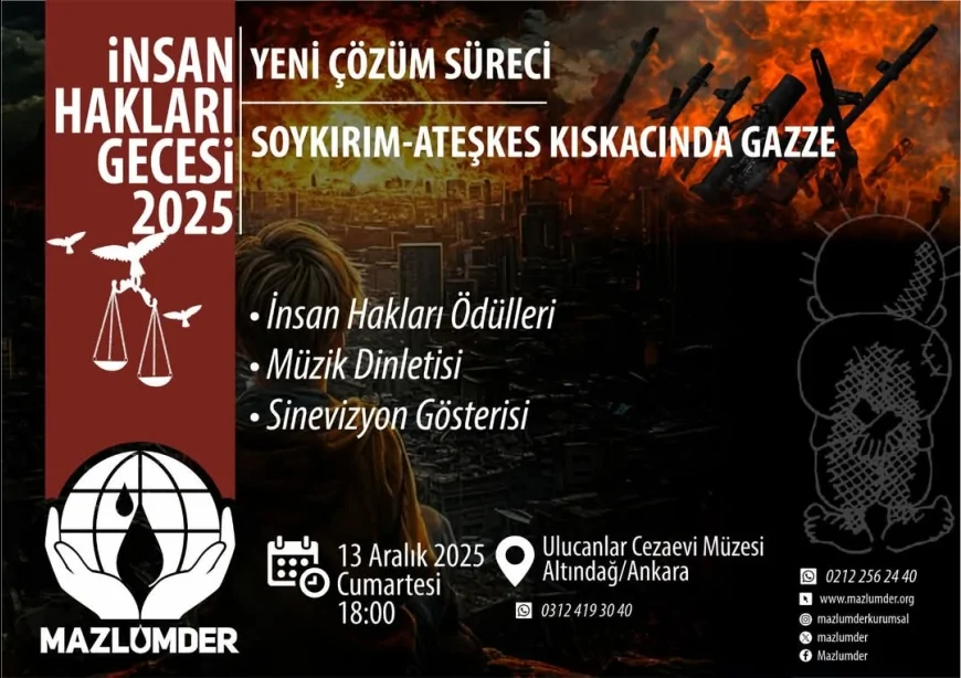 MAZLUMDER 2025 İnsan Hakları Gecesi Ulucanlar’da “Yeni Çözüm Süreci ve Gazze” Vurgusuyla Düzenlenecek