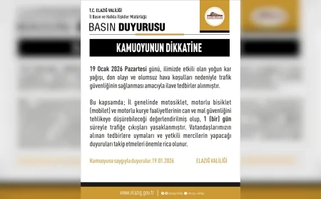 Elazığ Valiliği: “Yoğun Kar ve Don Nedeniyle Motosiklet ve Kuryelere 1 Gün Trafik Yasağı”