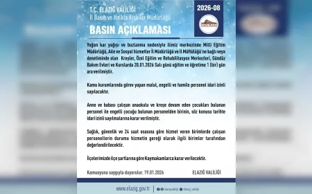Elazığ Valiliği’nden Kar Tatili Kararı: 20 Ocak Salı Günü Bazı Eğitim Kurumlarında Eğitime Ara