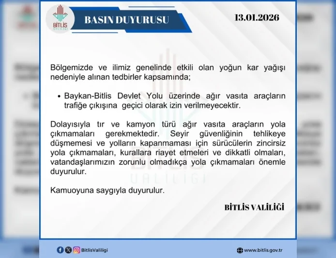 Yoğun Kar Yağışı Nedeniyle Baykan-Bitlis Devlet Yolu’nda Ağır Vasıta Trafiğine Geçici Kısıtlama