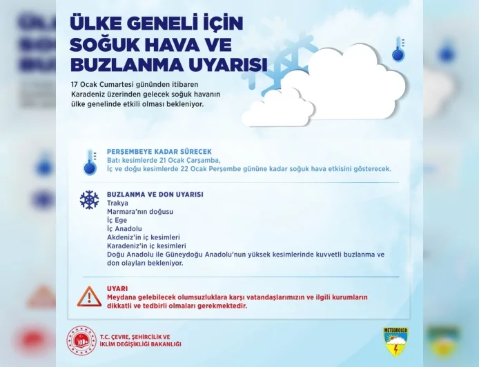 Meteoroloji Genel Müdürlüğü’nden ülke genelini kapsayan soğuk hava ve kuvvetli buzlanma uyarısı