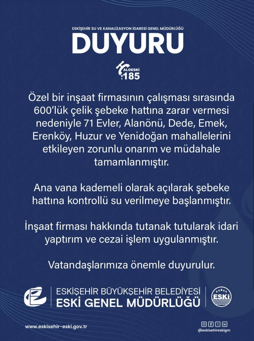Eskişehir’de İnşaat Çalışması Su Hattına Zarar Verdi: Yedi Mahallede Kesinti Sonrası Onarım Tamamlandı