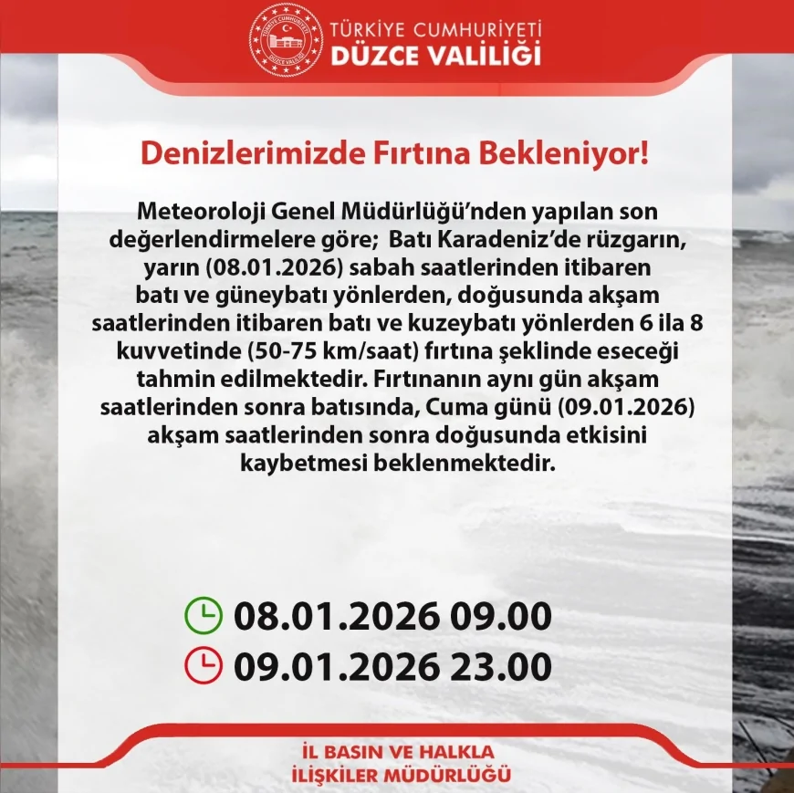 Düzce Valiliği’nden Batı Karadeniz İçin Fırtına Uyarısı Denizlerde Kuvvetli Rüzgar Bekleniyor