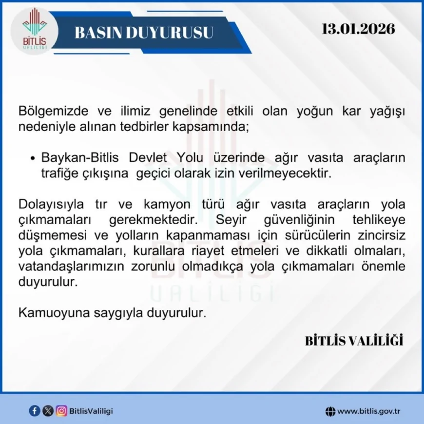 Yoğun Kar Yağışı Nedeniyle Baykan-Bitlis Devlet Yolu’nda Ağır Vasıta Trafiğine Geçici Kısıtlama