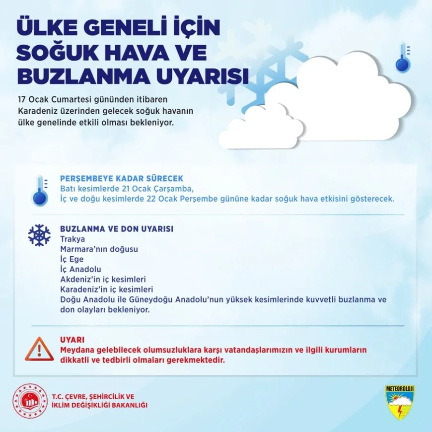 Meteoroloji Genel Müdürlüğü’nden ülke genelini kapsayan soğuk hava ve kuvvetli buzlanma uyarısı