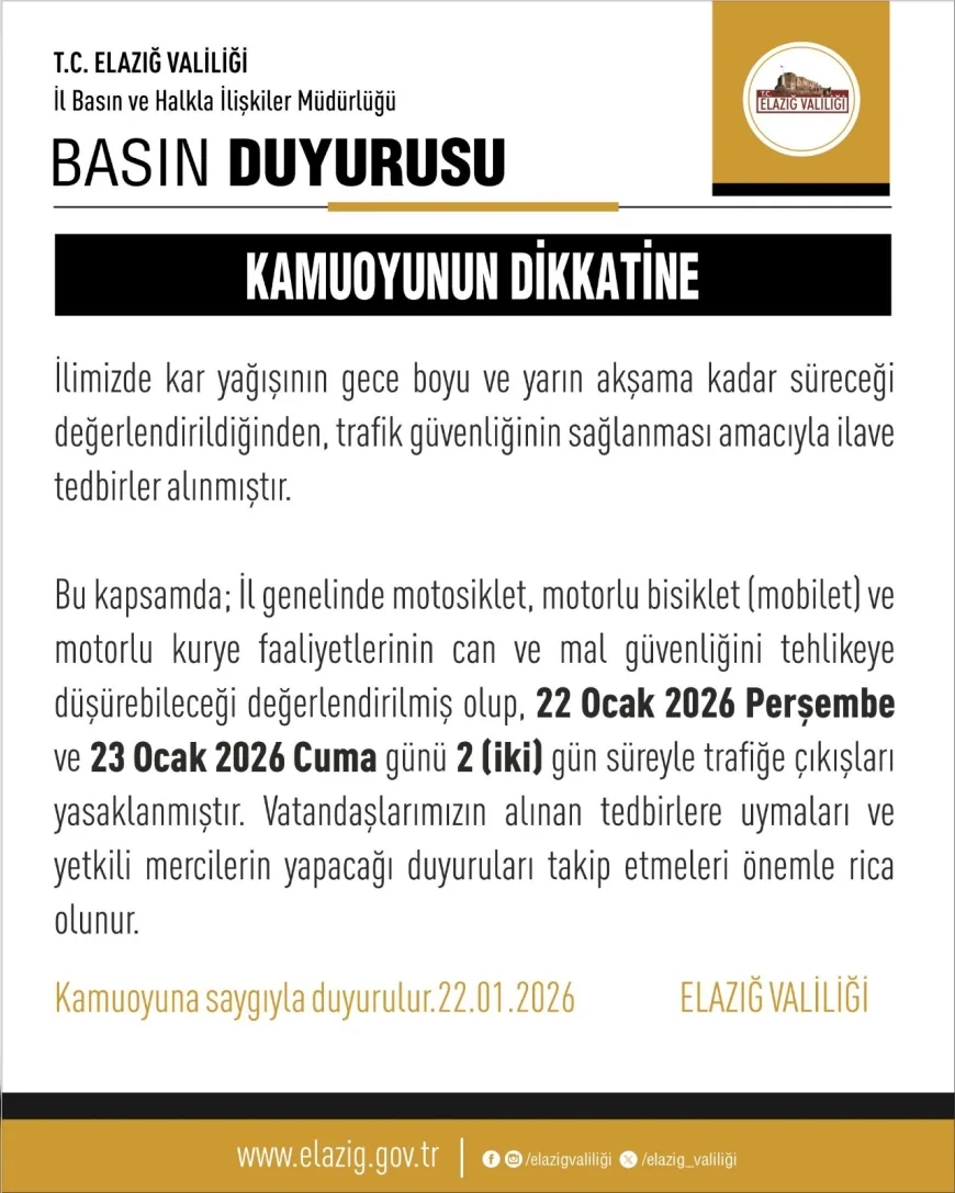Elazığ Valiliği’nden Kar Yağışı Uyarısı: Motosiklet ve Motorlu Kuryelere İki Gün Trafik Yasağı