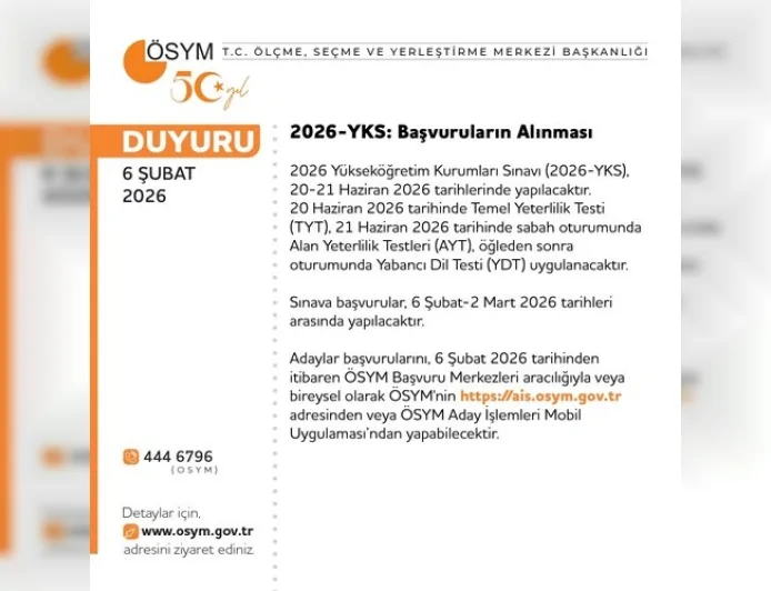 Ölçme Seçme ve Yerleştirme Merkezi: “2026-YKS Başvuruları 6 Şubat’ta Başlıyor”