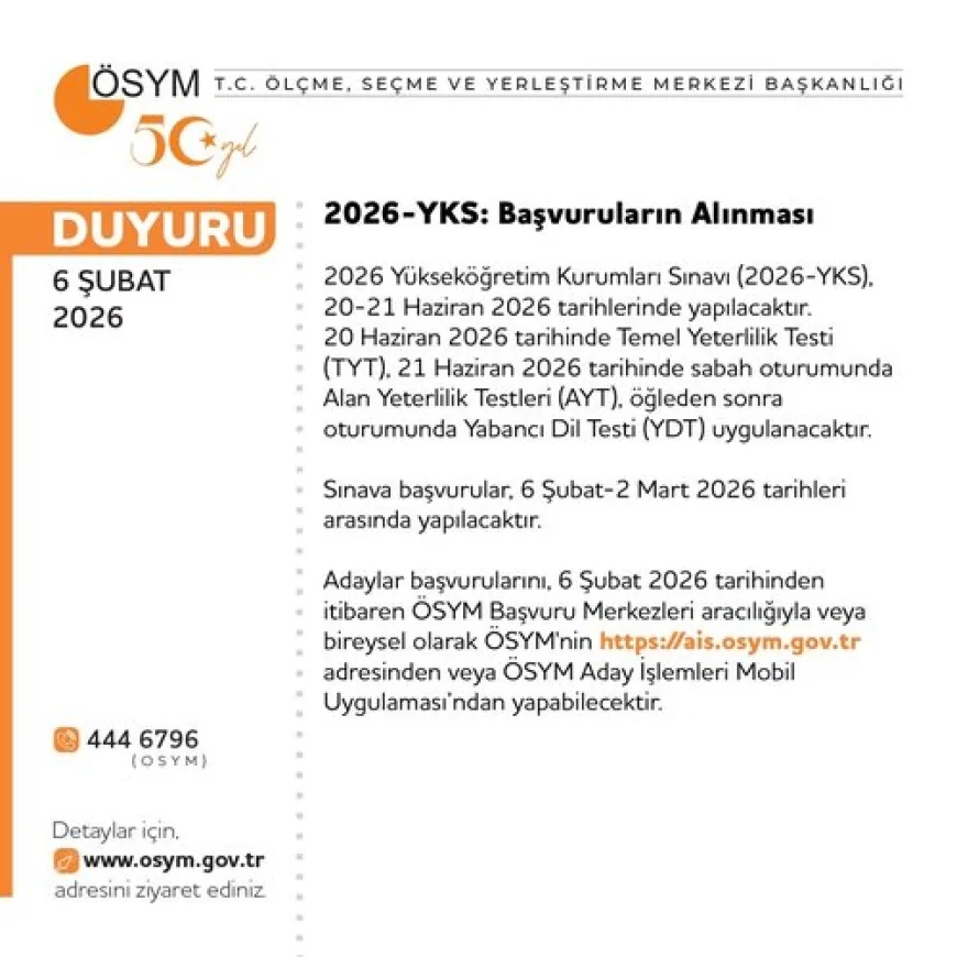 Ölçme Seçme ve Yerleştirme Merkezi: “2026-YKS Başvuruları 6 Şubat’ta Başlıyor”