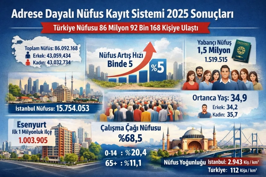 Adrese Dayalı Nüfus Kayıt Sistemi 2025 Sonuçları Açıklandı: Türkiye Nüfusu 86 Milyon 92 Bin 168 Kişiye Yükseldi