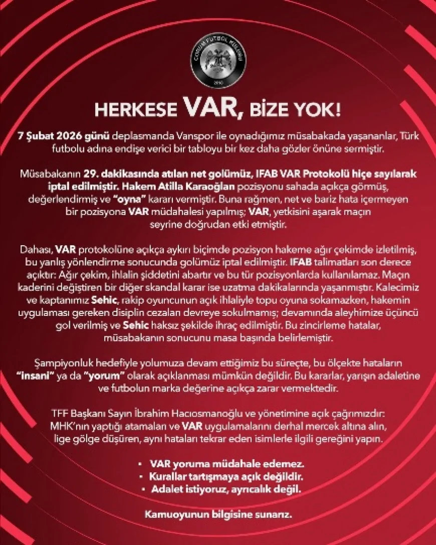 Vanspor Deplasmanı Sonrası  Açıklama: “Var Protokolü  Yok Sayıldı, Maçın Sonucu Masa Başında Belirlendi"
