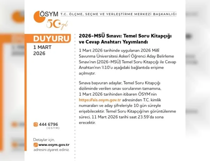 ÖSYM Başkanlığı: “2026-MSÜ Temel Soru Kitapçığı ve Cevap Anahtarı’nın Yüzde 10’u Erişime Açıldı”