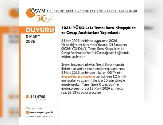 ÖSYM 2026-YÖKDİL/1 Temel Soru Kitapçıkları ve Cevap Anahtarlarının Yüzde 10’unu Erişime Açtı