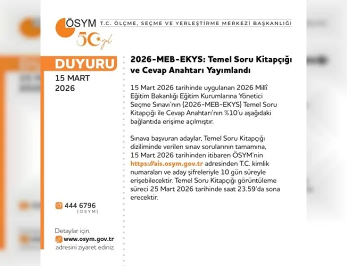 ÖSYM 2026-MEB-EKYS Temel Soru Kitapçığı ve Cevap Anahtarının Yüzde 10’unu Erişime Açtı